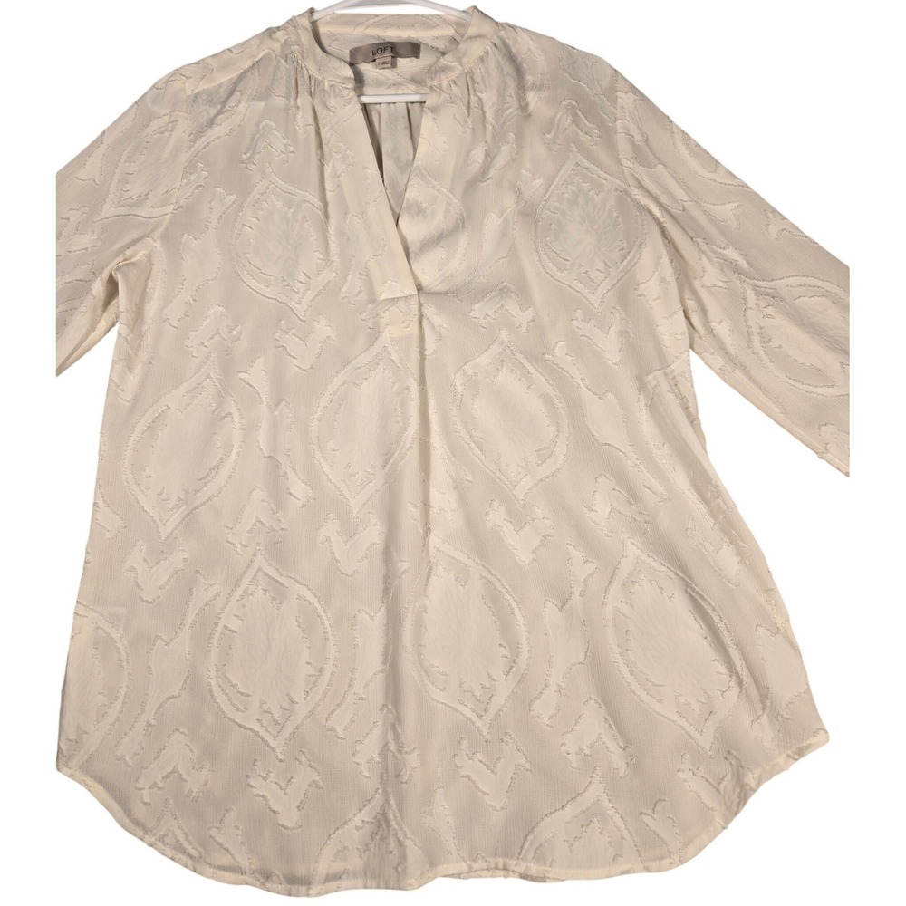 LOFT White Textured Jacquard Paisley Split Neck‎ Blouse Long Sleeve Small